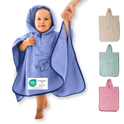 Abbildung von ULLENBOOM Badeponcho Kinder 3 6 Jahre, Frottee aus 100% Baumwolle (OEKO TEX zertifiziert) und Made in EU Ideal als Badetuch Bademantel, Blau