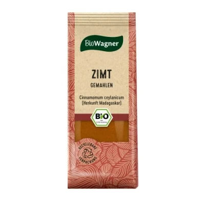 Abbildung von BioWagner Bio Zimt gemahlen verfeinert Desserts, Kaffee, Glühwein oder eingekochtes Obst naturbelassene Zutaten recyclebare Verpackung 40 g