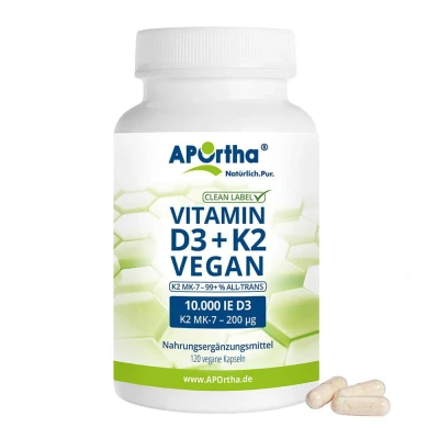 Abbildung von APOrtha® Veganes Vitamin D3 10.000 IE + K2 MK 7 Cyclo® 200 µg Kapseln