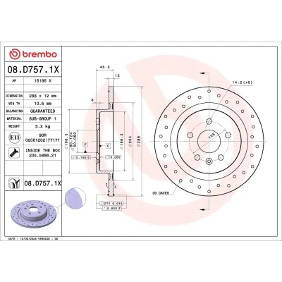 Abbildung von BREMBO Bremsscheibe OPEL: Astra K Sports Tourer, Schrägheck, Kasten / Kombi 288mm 12mm 5 voll, gelocht beschichtet 08.D757.1X 13509120