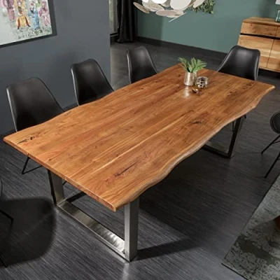 Abbildung von riess ambiente Baumkantentisch MAMMUT NATURE 160cm honigfarben (natur) / silber (Einzelartikel, 1 St), Massivholz · Edelstahl Kufen 3,5cm Platte Akazie Industrial