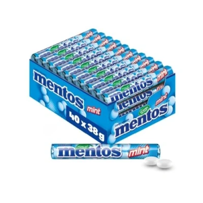 Abbildung von Mentos Kaubonbons Mint, Dragees mit Pfefferminz Geschmack für frischen Atem, Multipack, Bonbon Vorrats Packung, Verkaufsdisplay (40 Rollen), vegan