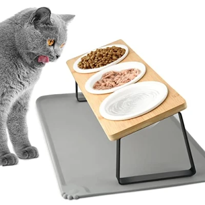 Abbildung von Lannvan Katzennapf Erhöht 3er Set Futternapf aus Keramik mit Napfunterlage Silikon 15 gekippte Futterstation Hundenapf Fressnapf und Wassernapf für Katzen kleine Hunde