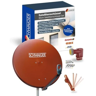 Abbildung von SCHWAIGER 4616 SAT Anlage Satelliten Set Satellitenschüssel Quad LNB digital 8X F Stecker 7mm Antenne aus Aluminium Komplettset Ziegelrot 88 x cm