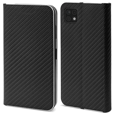Abbildung von Moozy Hülle für Samsung A22 5G, Schwarz Carbon Metallischer Kantenschutz Klapphülle Handyhülle mit Kartenfach und Standfunktion