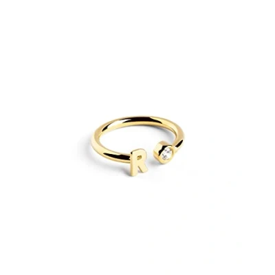 Abbildung von SINGULARU Personalisierter Ring Letter Diamond Gold Verstellbarer 925 Sterlingsilber mit 18kt Vergoldung Einheitsgröße Damenschmuck Buchstabe R