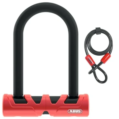 Abbildung von ABUS Bügelschloss Ultimate 420 + USH Halter Sicherungskabel Cobra 10/120 Fahrradschloss Set Sicherheitslevel 12 Schwarz/Rot 140 mm Bügelhöhe