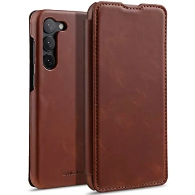 Abbildung von STILGUT Book Case kompatibel mit Samsung Galaxy S23 Plus Hülle aus Leder, Lederhülle, Klapphülle, Handyhülle Cognac