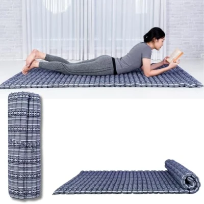 Abbildung von Leewadee Faltbare Bodenmatratze Japanischer Rollbarer Futon Tatami Faltmatte Gästebett Camping Matratze Thai Massage Matte, Kapok Füllung, 190 x 100 cm, Blau Weiß