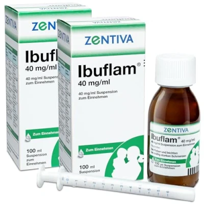 Abbildung von Ibuflam 4% Susp. z. Ein. 40mg/ml 2x 100 ml, langanhaltende Fiebersenkung für bis zu 8h, effektive Linderung von Fieber und Schmerzen, auch Kinder, mit praktischer Dosierhilfe, Himbeer Geschmack