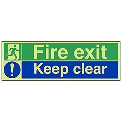 Abbildung von VSafety englisches Notausgangsschild „Fire Exit Keep Clear“, leuchtet im Dunklen, Hartplastik, 450 x 150 mm