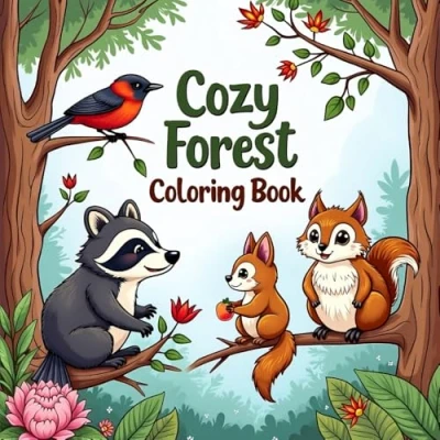 Abbildung von Cozy Forest Coloring Book: Book for Adults and Kids Featuring 50 Easy Designs Of Scenes With Adorable &amp; Cute Animals Relaxation