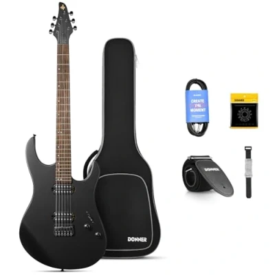 Abbildung von Donner Solid Body E Gitarre, DMT 100 39 Zoll Metall Gitarre Bausatz mit H Pickups, Tasche, Saiten, Gurt, Kabel, Saitendämpfer für Rockmusikliebhaber (Schwarz)