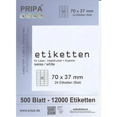 Abbildung von pripa Etiketten 70 x 37 mm, 500 Blatt DIN A4 Selbstklebende Etiketten. 24 pro Bogen 3 Spalten 8 Reihen 12000