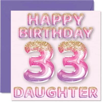 Abbildung von Stuff4 Geburtstagskarte zum 33. Geburtstag für Tochter rosa und lila Glitzerballons Happy Birthday Karten 33 Jahre alte von Mama Papa Eltern, 145 mm x
