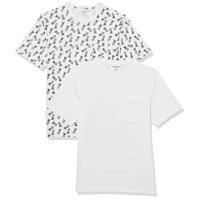 Abbildung von Amazon Essentials Herren T Shirt mit kurzen Ärmeln, Rundhalsausschnitt und Tasche in schmaler Passform, 2er Pack, Weiß/Ananasaufdruck, S
