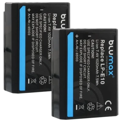 Abbildung von 2X Blumax Akku ersetzt Canon LP E10 1020mAh kompatibel mit EOS 2000D 4000D 1100D 1200D 1300D Rebel T3 T5 T6 7,4V 7,5Wh