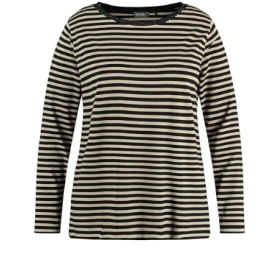 Abbildung von Samoon Rundhals Geringeltes Ziersteinen Langarmshirt, Damen, Größe: 42, Beige schwarz ringel