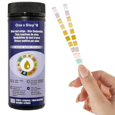 Abbildung von 100 Stück One+Step Urin Teststreifen für 10 Indikatoren I Gesundheitstest mit Referenzfarbkarte Test Harnwegsinfekt Urinanalyse Säuren Basen Haushalt