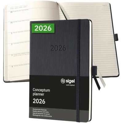 Abbildung von SIGEL C2614 Terminplaner Wochennotiz Kalender 2026, ca. A5, schwarz, Hardcover, 192 Seiten, Gummiband, Stiftschlaufe, Archivtasche, aus nachhaltigem Papier, Kalenderbuch Conceptum