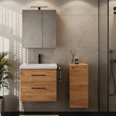 Abbildung von Planetmöbel Badset komplett aus Unterschrank 63cm mit Waschbecken, Spiegelschrank und 1x Midischrank in Gold Eiche, Komplettset für Badezimmer 4 teilig