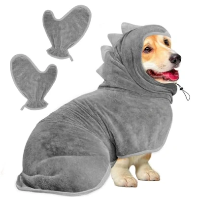 Abbildung von Bibykivn Bademantel für Hunde, Hundebademantel Aus Mikrofaser, Verstellbares Halsband Mit Klettverschluss Schnell Trocknend Badetuch Große Mittelgroße Kleine Hunde/Katze (Grau, S)