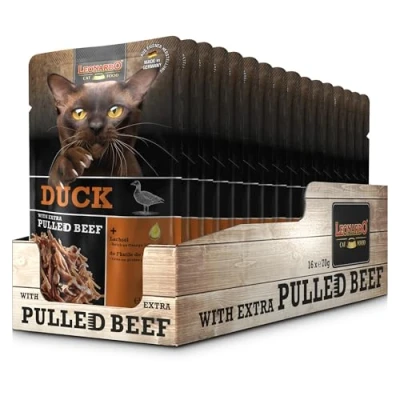 Abbildung von LEONARDO Frischebeutel [16x70g Duck mit Fleischstreifen] Pulled Beef Getreidefreies Nassfutter für Katzen Alleinfuttermittel Katzenfutter