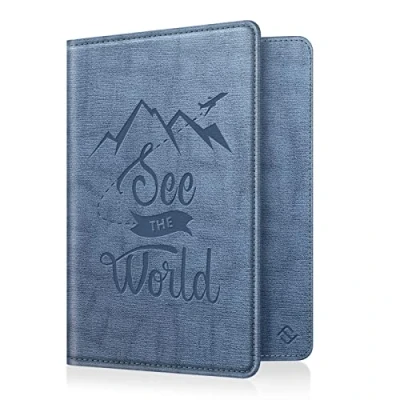 Abbildung von FINTIE Reisepass Impfpass Schutzhülle Premium Kunstleder Reisepasshülle Travel Organizer mit RFID Blockier für Kreditkarten, Ausweis, Reisedokumente Damen Herren, Vintage Blau