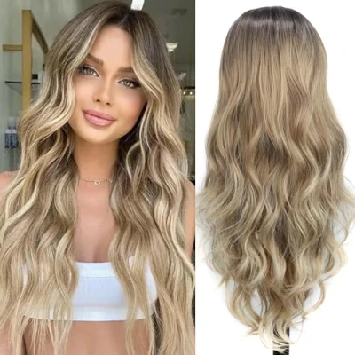 Abbildung von PORSMEER Perücken Lange Braun Blonde Natürliche Synthetische Haar,Locken Wavy Ombre wig Für Frauen Alltag Anime Cosplay Kostümparty Halloween Karneval