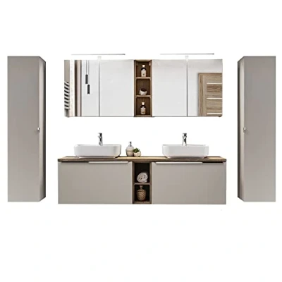 Abbildung von Lomadox Badmöbel Set PUEBLA 56 TAUPE, (Spar Set, 13 St), Eiche Doppelwaschtisch Keramik Waschbecken Spiegelschrank Hochschrank