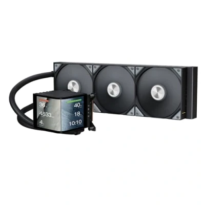 Abbildung von TRYX Panorama 360 Schwarz 360mm AIO Wasserkühlung 6,5&#039;&#039; AMOLED Curved Screen mit 3D Anamorphic Effekt 320 W TDP Magnetische Performance Lüfter für Intel &amp; AMD CPUs