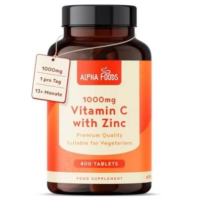 Abbildung von Vitamin C Hochdosiert 1000mg + Zink 15mg 400 Tabletten für 1+ Jahr Vegetarisch und ohne unnötige Zusatzstoffe Unterstützung des Immunsystems Alpha Foods