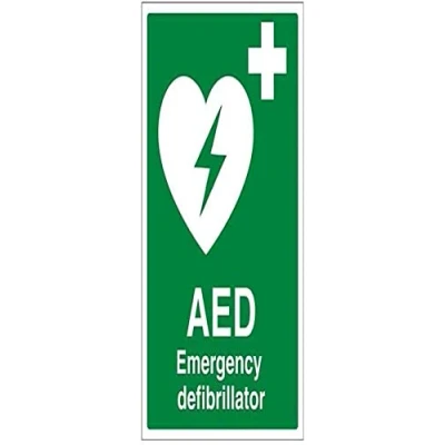 Abbildung von VSafety 31034BC S, AED Notfall Defibrillator&quot; Erste Hilfe Schild, selbstklebend, Portrait, 300 mm x 400 mm, Grün.