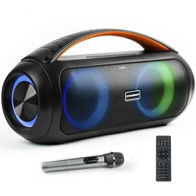 Abbildung von DYNASONIC D93 Tragbarer Bluetooth Lautsprecher IPX7. Kabelloser Outdoor Lautsprecher. Stereoanlage. Soundplayer mit integrierten LED Leuchten. Micro SD, USB.