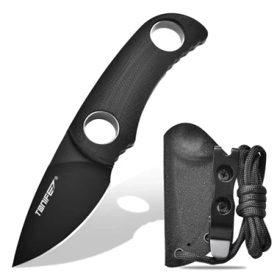 Abbildung von TONIFE Runer Feststehendes Neck Knife mit Scheide und Lanyard 4,7cm Full Tang Klinge EDC Messer für Outdoor (Schwarz+Schwarz Titan)