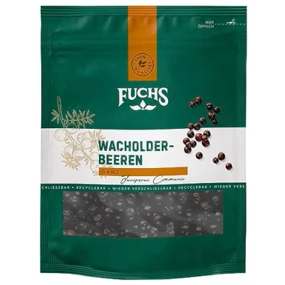Abbildung von Fuchs Gewürze Wacholderbeeren im wiederverschließbaren, recyclebaren Beutel aus natürlichen Zutaten 40 g