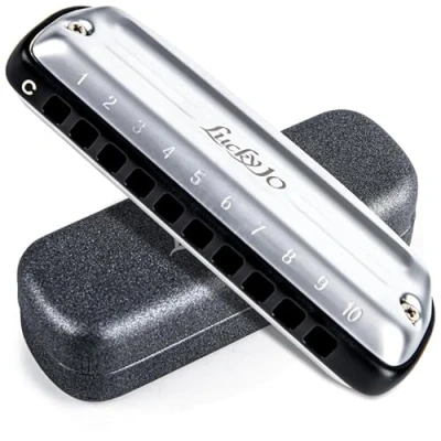 Abbildung von East top Mundharmonika, Fortgeschrittene 10 Löcher Blues Harp Mundorgel mit Silberabdeckung, Mundharmonikas für Erwachsene, Profis und Studenten