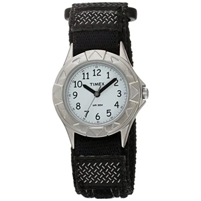 Abbildung von Timex Kids 28mm Uhr Silber Ton Gehäuse mit Weißem Zifferblatt und Schwarzem Stoffband T79051