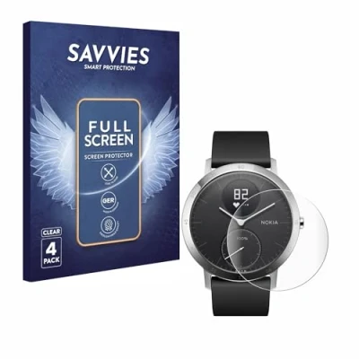 Abbildung von Savvies 4 Stück Full Screen Schutzfolie für Withings Steel HR (40 mm) Cover Displayschutz Folie [3D Curved, Transparent, Anti Fingerabdruck]