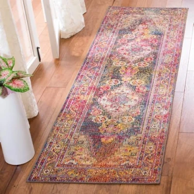 Abbildung von SAFAVIEH Boho Teppich für Wohnzimmer, Esszimmer, Schlafzimmer Crystal Collection, Kurzer Flor, Marineblau und Hellblau, 66 X 213 cm