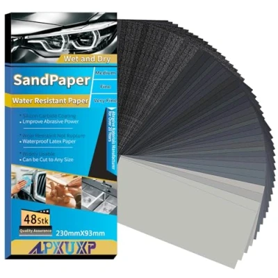 Abbildung von ALPXUXP Schleifpapier Set 48 Stück Nass und Trocken Profi Wasser Schmirgelpapier,für AutoMetallHolzmöbelSteinLackGlas,Körnung 120/180/240/400/600/800/1000/1200/1500/2000/3000/5000，23 x 9cm