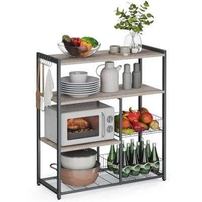 Abbildung von VASAGLE Küchenregal, Standregal mit 2 Metallkörben, Bäckerregal Haken und Regalablagen, Mikrowellenregal, 35 x 80 95 cm, Industrie Design, Vintage, greige schwarz KKS096B02