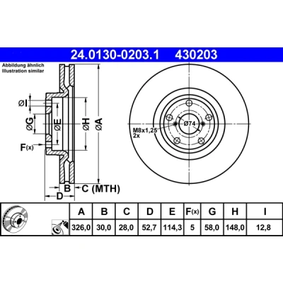 Abbildung von ATE 24.0130 0203.1 Bremsscheibe 326,0 30,0 5 114,3 Belüftet beschichtet SUBARU: Impreza II Limousine, III Schrägheck, Kombi