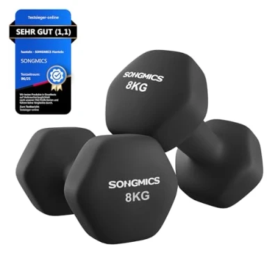 Abbildung von SONGMICS Hanteln, 2er Set, 2 x 8 kg, Hantelset, Kurzhanteln, Hexagon, Neopren Beschichtung, Krafttraining, Workout, Fitnesstraining, für Zuhause, tintenschwarz SYL180B01