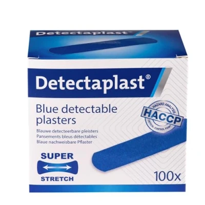 Abbildung von Detectaplast Pflaster sensitiv wasserfest Elastic, blaue Wundpflaster für den Umgang mit Lebensmitteln, detektierbare Erste Hilfe Sets in der Gastronomie, 19 x 72 mm, 100 Stück
