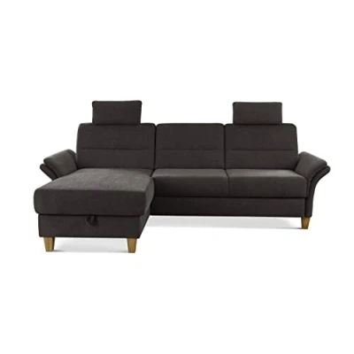Abbildung von CAVADORE Schlafsofa Wyk mit Federkern / Ecksofa im Landhaus Stil Longchair, Bett, Bettkasten, Armteilfunktion + 2 Kopfstützen 252 x 90 162 Chenille, Braun