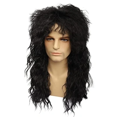 Abbildung von MEIRIYFA Herrenperücke im Look der 80er Jahre, mit langem, lockigem Haar, Vokuhila Perücke Rocker /Punk Stil, für Halloween, Kostümfeier, Cosplay, Party, Schwarz
