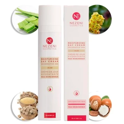 Abbildung von Nezeni Aloe Vera Gesichts Feuchtigkeitscreme 75,70 % 18 Wirkstoffe Erhöht die Elastizität der Haut Tagescreme für trockene und/oder empfindliche Haut. NIEDRIG AN KOSERVIERUNGSSTOFFEN