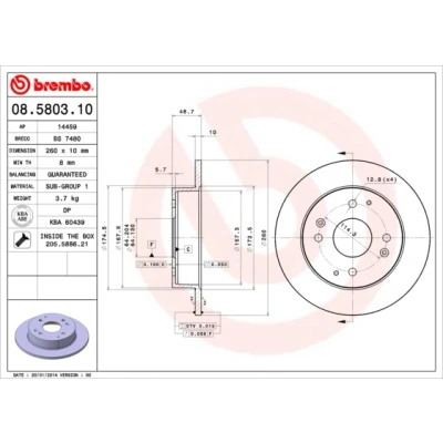 Abbildung von BREMBO 08.5803.10 Bremsscheibe 260 10 4 voll mit Schrauben HONDA: ACCORD 5, 4, 5 Coupe