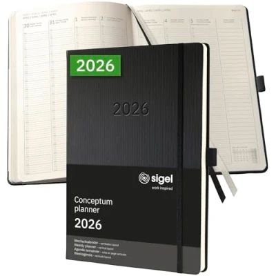 Abbildung von SIGEL C2618 Planungsbuch Wochenplaner Wochenkalender 2026, extra groß, A4+, 1 Woche = 2 Seiten, Spalte pro Tag, schwarz, Hardcover, 192 Stiftschlaufe, Archivtasche, Conceptum